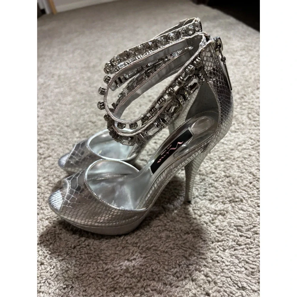 Nina New York Stevi-YY Silver Snakeskin Crystal Ankle Strap Peep Toe Heels